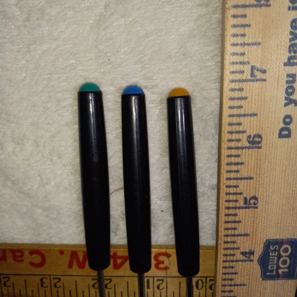 Set of 5 Fondue Forks Color Coded Black Plastic Handle Vintage 7.0